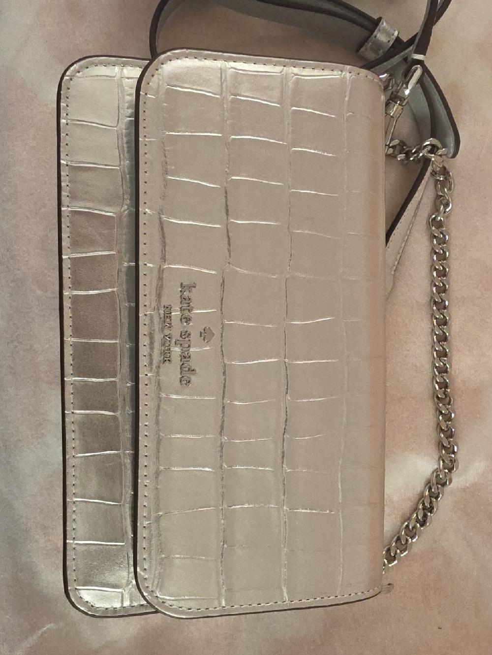 kate spade Metallic Silver Croc-Embossed Chain Crossbody